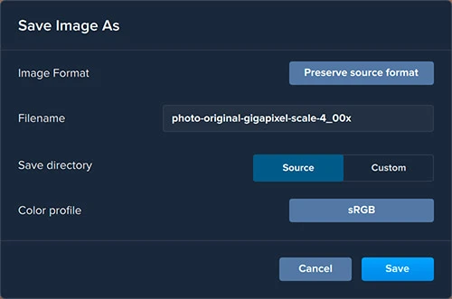 Gigapixel AIの保存ダイアログボックス
