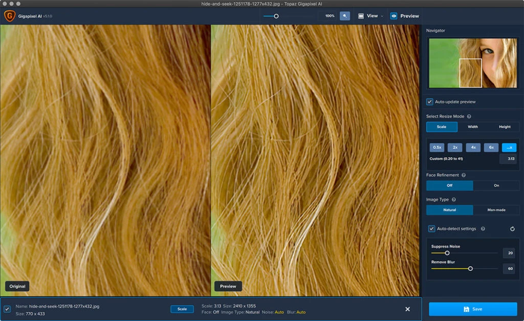 人物の髪の毛部分を拡大
