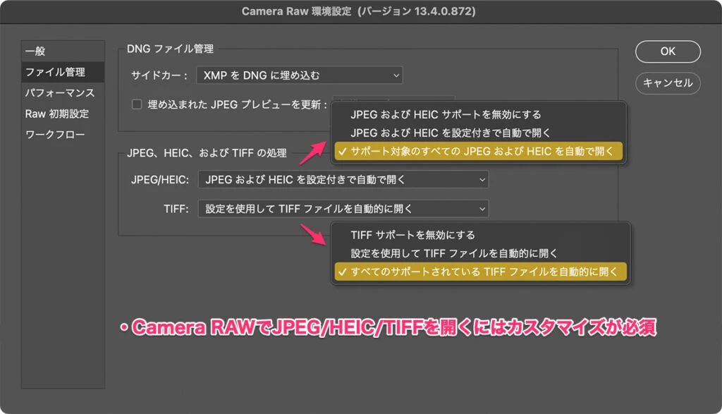 Camera RAWでJPEG/HEIC/TIFFを開くにはカスタマイズが必須