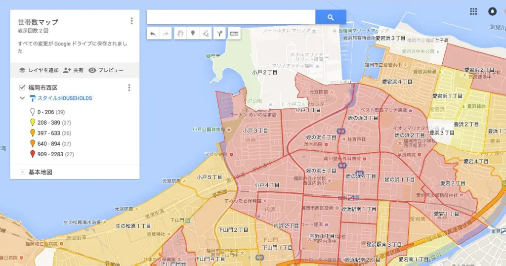 福岡市西区の世帯数マップ